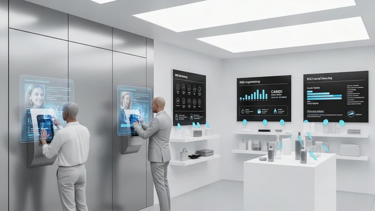 Advanced Technology Interface in a Modern Workspace: Showcasing Interactive Displays, Data Analytics, and Collaborative Solutions for Enhanced Productivity and Innovation.