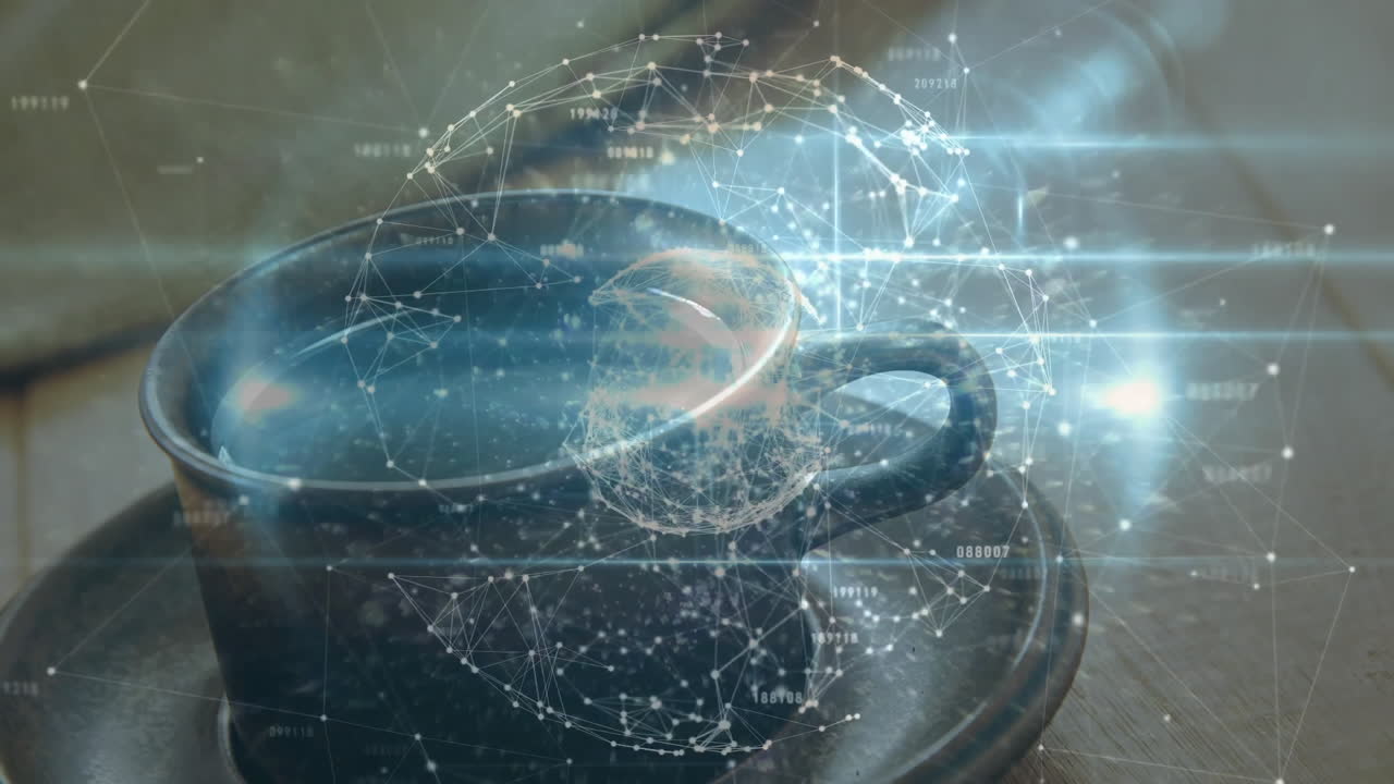 Black ceramic coffee cup and saucer resting on wood table showing floating data network overlay