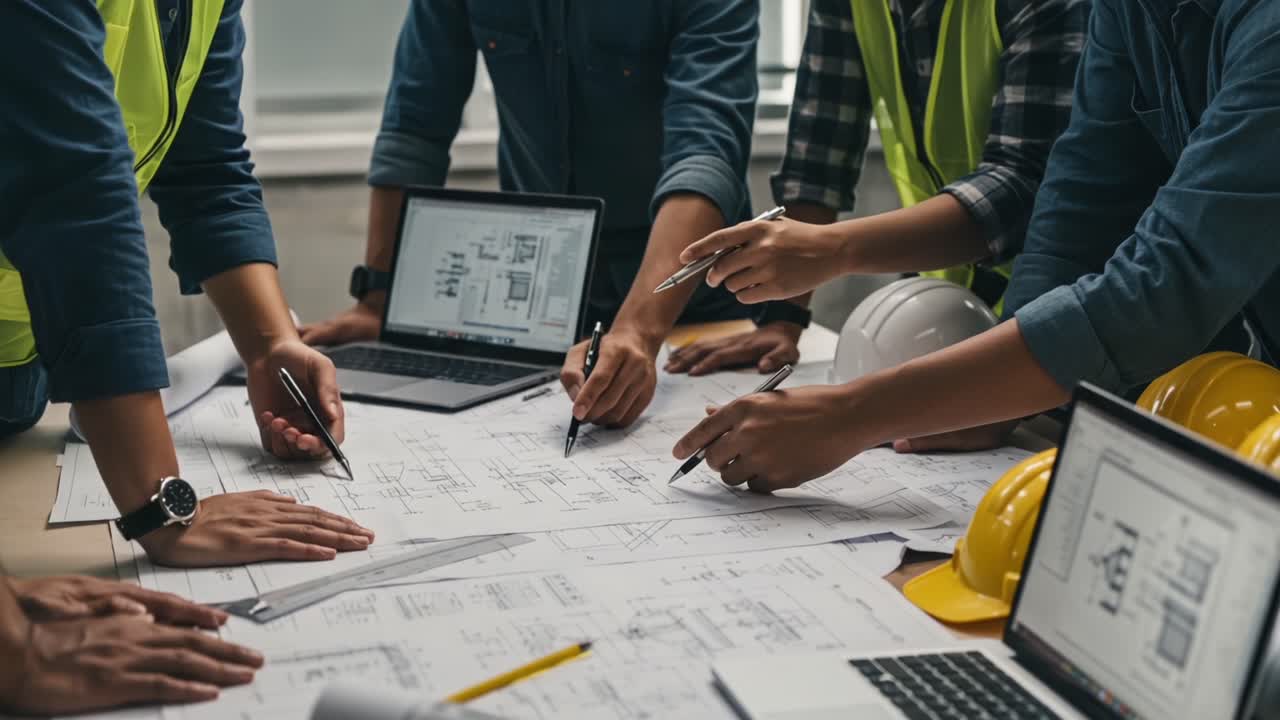 Collaborative Engineering Session: Professionals Analyzing Architectural Plans and Designs Together at a Construction Project Meeting