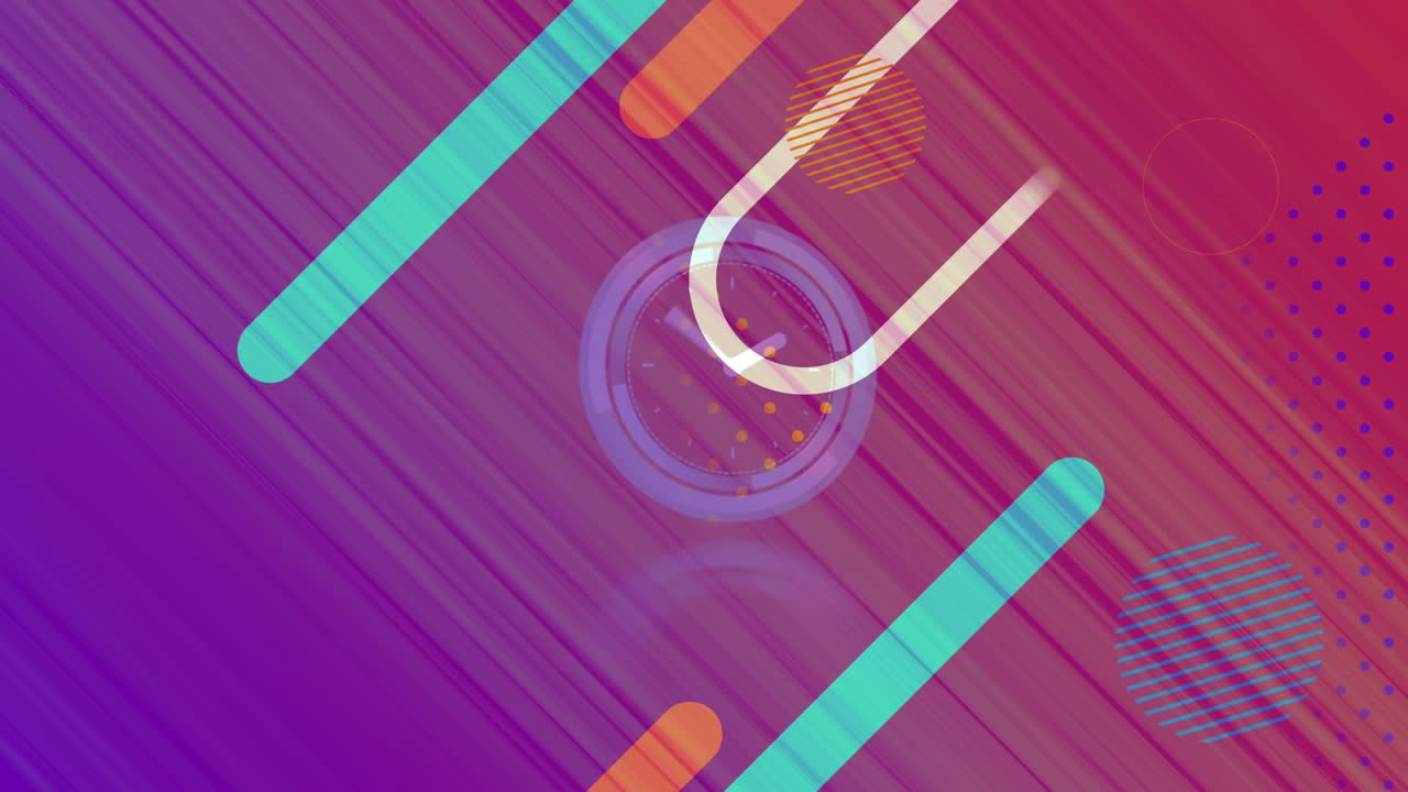 reloj digital de neón y formas abstractas que se mueven contra un fondo de gradiente púrpura