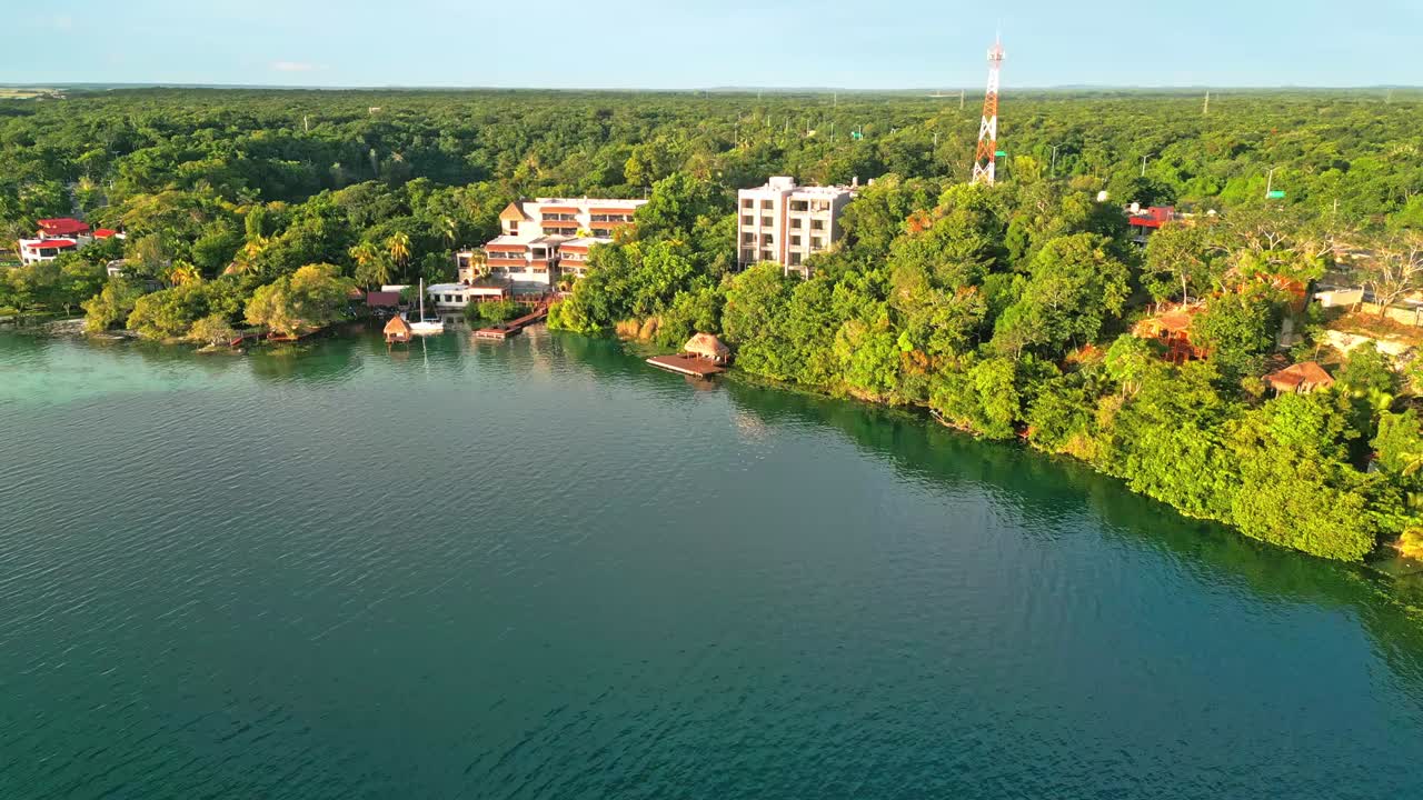 Waterfront Luxury Hotels On The Bacalar Lagoon In Quintana Roo, Mexico. Aerial Ascending Shot