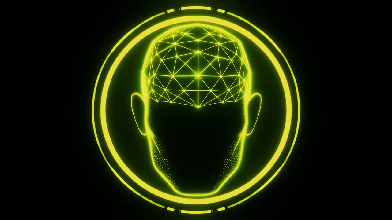 Cervello di intelligenza artificiale che si forma in una testa digitale luminosa.