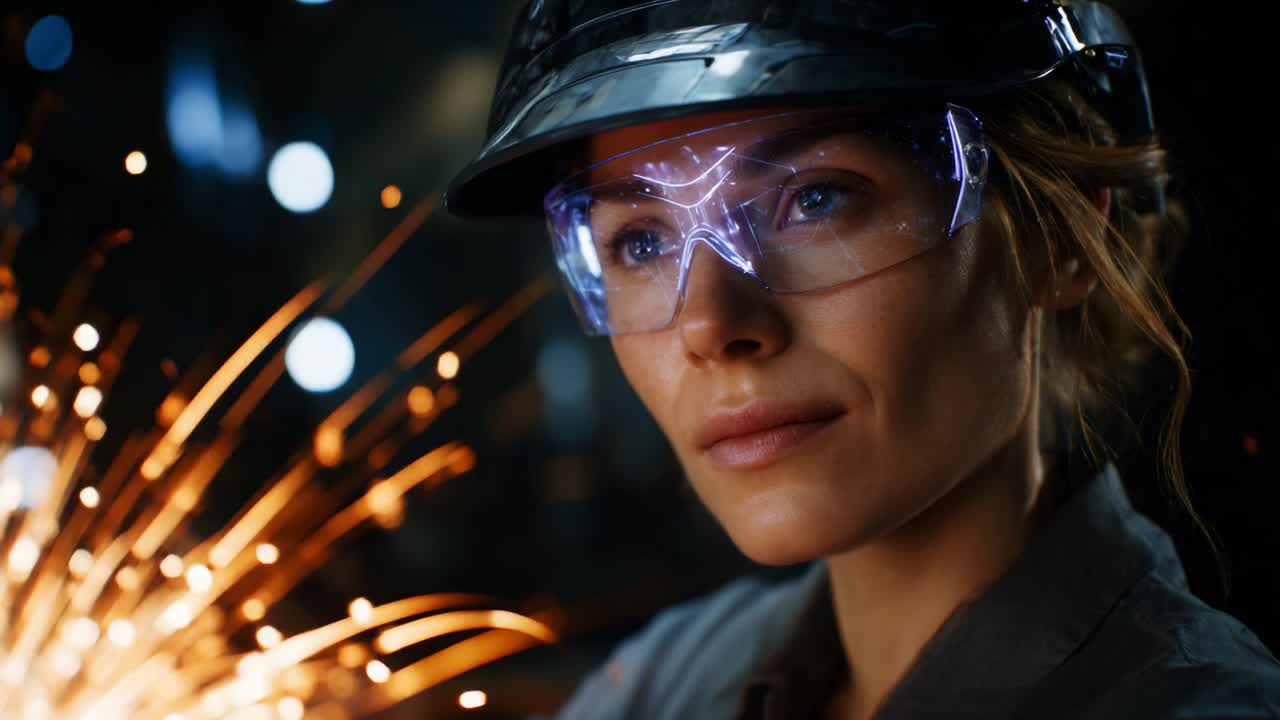 A focused individual in protective gear showcases precision and determination while working with sparks in an industrial setting, highlighting dedication and skill in a challenging environment