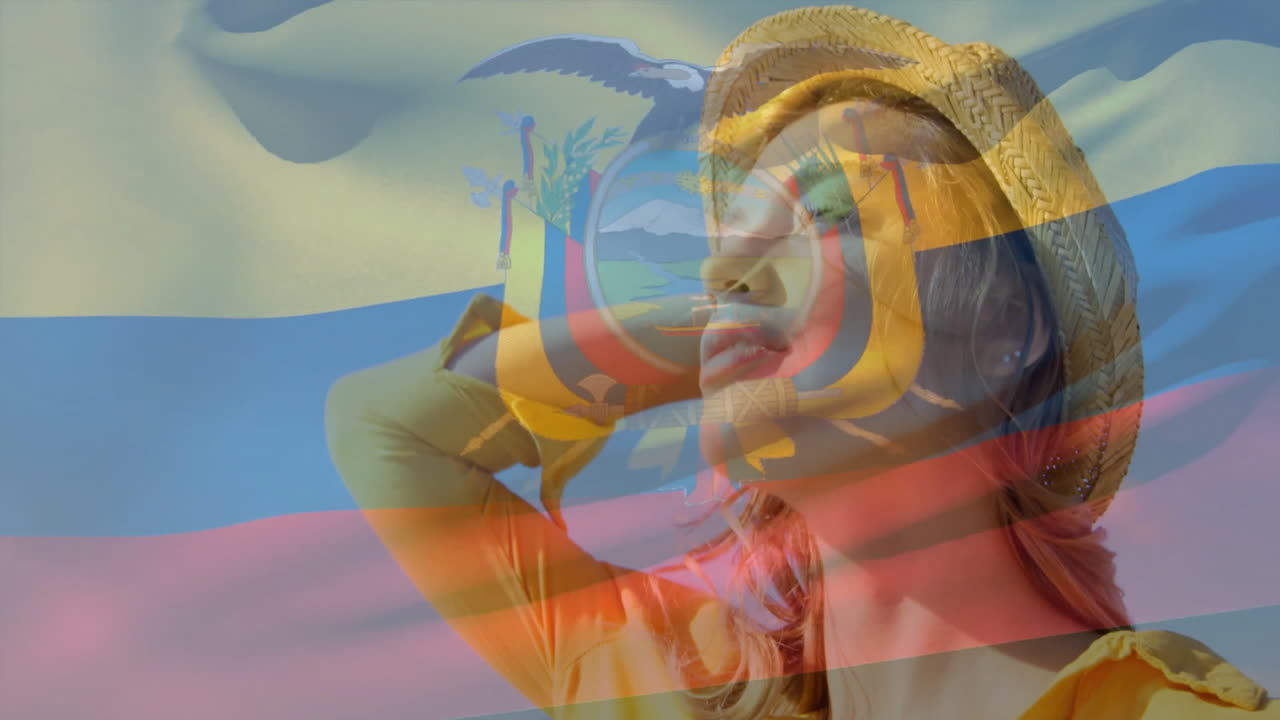 Wearing yellow hat, woman with Ecuadorian flag colors and emblem in animation