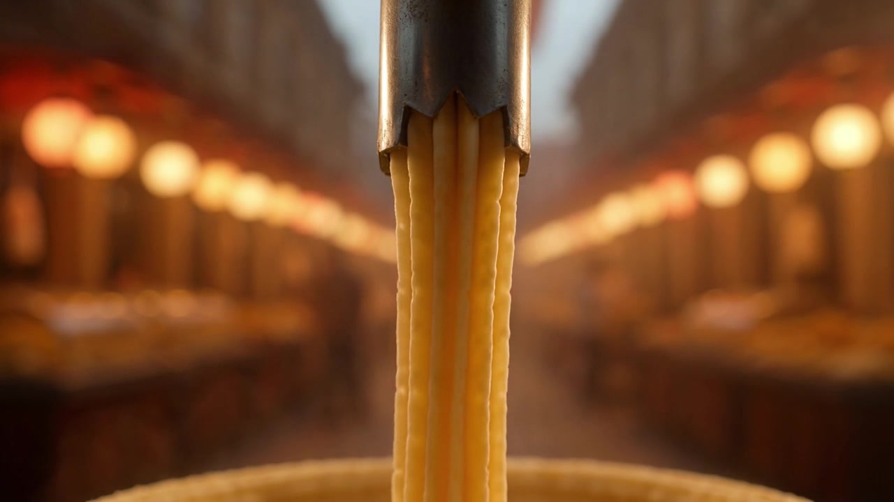 Churro Dough Extruding from Machine in Street Food Market