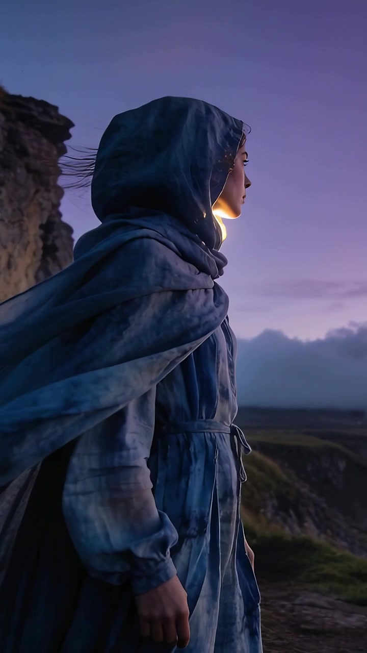 Video verticale: Raffiche di vento sollevano una donna incappucciata con un mantello blu, che osserva la valle da una scogliera, con un colletto caldo.