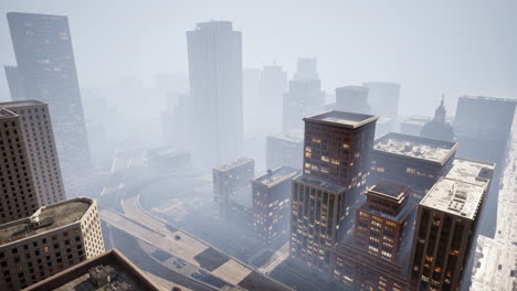 rascacielos cubiertos por la niebla matutina