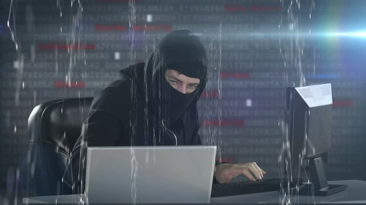 Ragnatele bianche di connessioni che fluttuano con un hacker caucasico che indossa una felpa con cappuccio e un passamontagna.