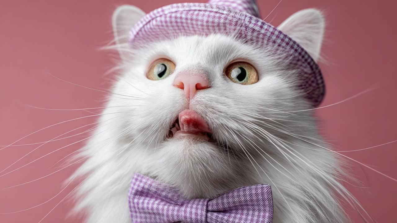 Adorable White Cat Dressed in a Pink Theme Hat and Bow Tie, Eliciting Joy and Fun in Two Charming Frames Captured on a Playful Pink Background