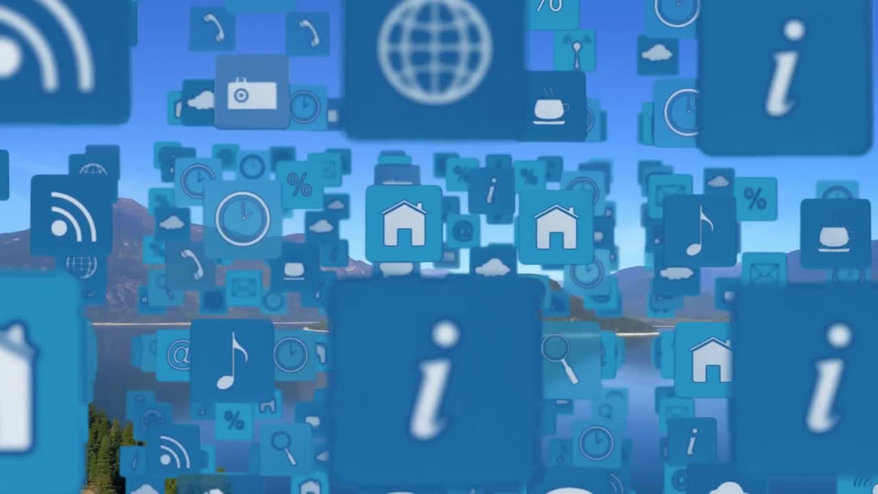 풍경 위에 떠다니는 디지털 아이콘의 애니메이션