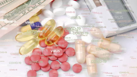 animation of multiple covid-19 floating words over different pills, banknotes and calculator