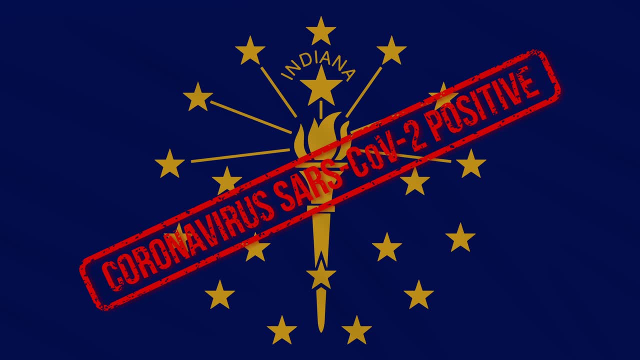 el estado de indiana, estados unidos, tiene una bandera balanceada estampada con respuesta positiva a covid-19, bucle.
