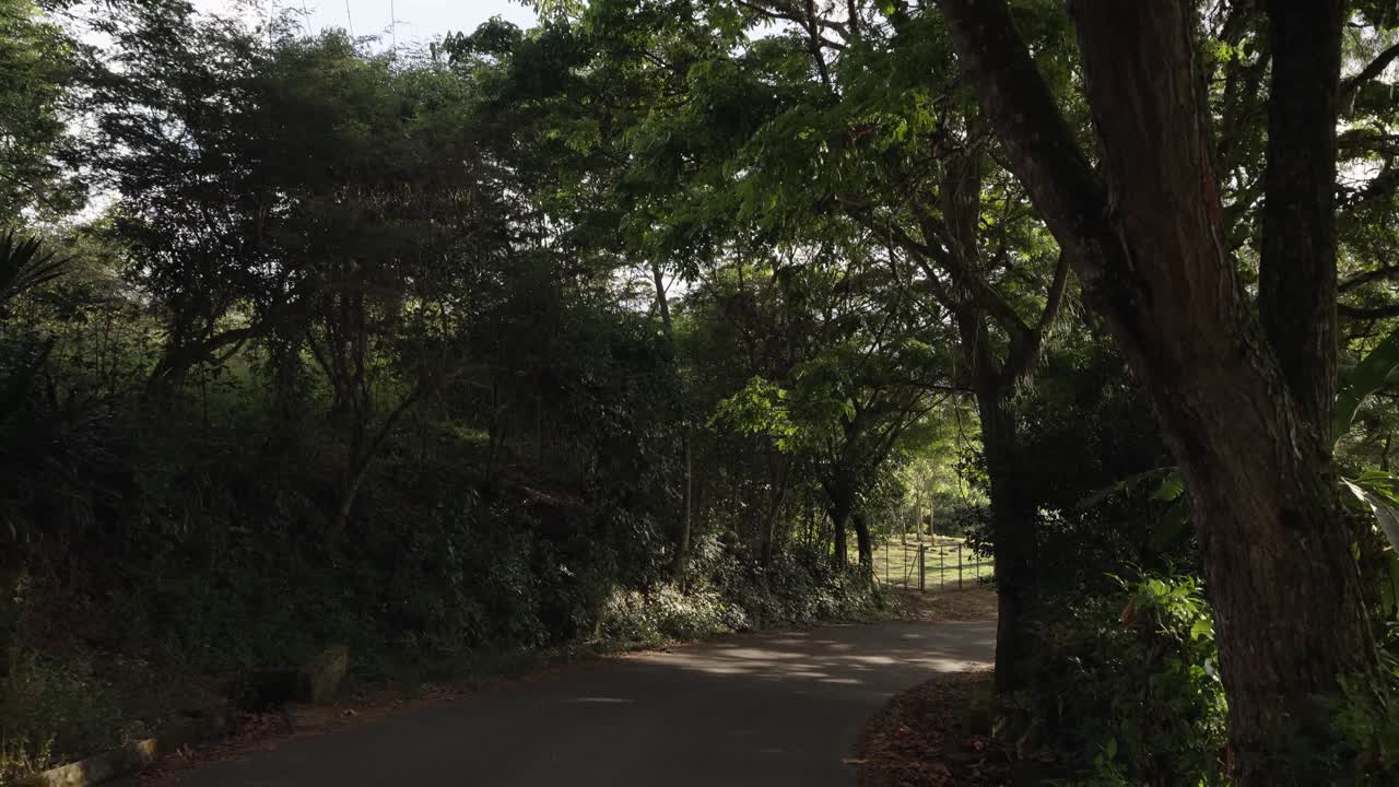 Footage of a simple road in the Colombian countryside filmed with the camera facing backward showing rural landscape and travel perspective
