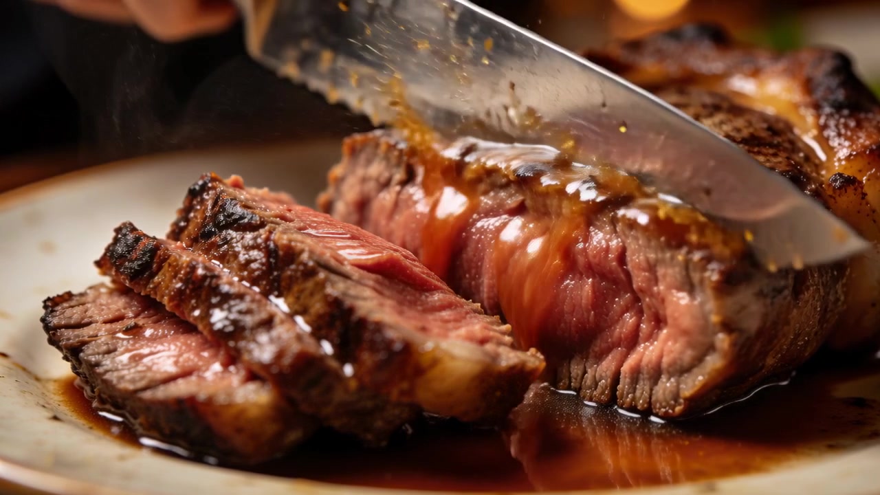 Carving hand in dark cuff slicing steak on counter for serving, knife approaching, brushing sauce