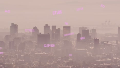 animation of multiple changing numbers floating against aerial view of cityscape