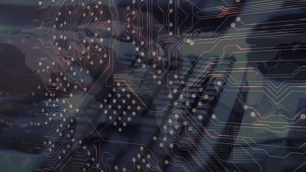 Animation of computer circuit board over hands typing on keyboard