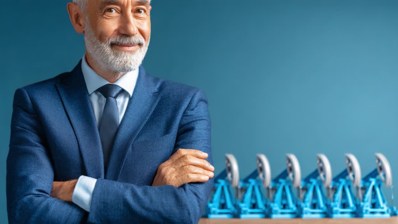 Confident businessman in a tailored suit stands proudly with arms crossed, showcasing a series of blue office staplers displayed on a shelf against a vibrant blue backdrop