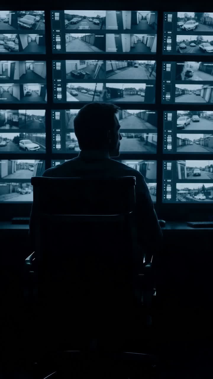 Uomo in una sala di controllo fioca che osserva monitor di sorveglianza, parete di schermi CCTV che brillano di blu, operatore in silhouette