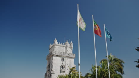 Portugal,-EU-and-Portuguese-Navy-flags-in-front-of-Torre-de-Belem-long-shot