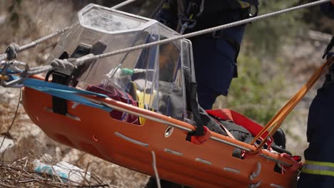 firefighters transport injured person in stretcher, training exercise