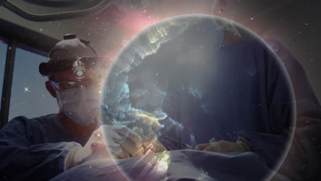 animation of globe in space against caucasian male and female surgeons performing operation