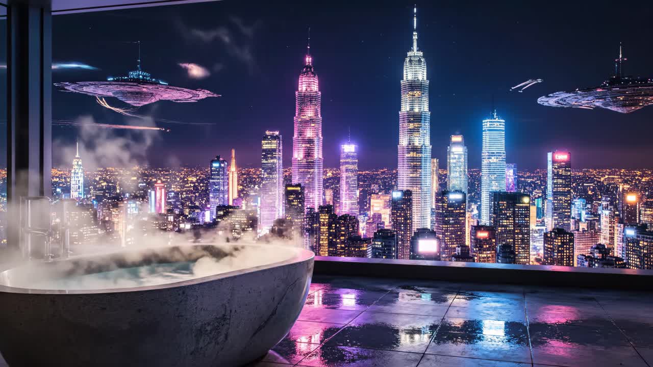 Futuristic Cityscape Bathtub View