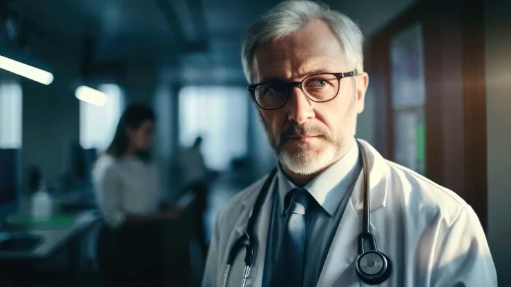 A serious male doctor in a hospital setting