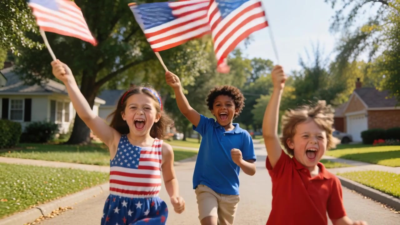 Running three children wearing flag dress and polos waving US flags down suburban street, cheering