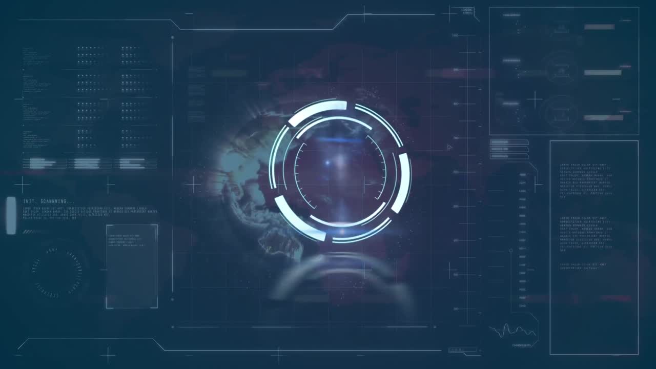 Round scanner over globe spinning against digital interface with data processing on blue background