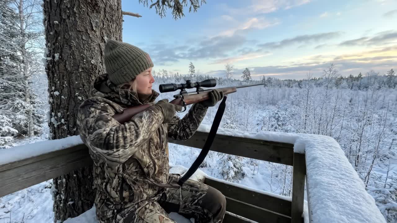 Kvindejæger sigter med riffel fra et træ i en sneklædt vinterskov