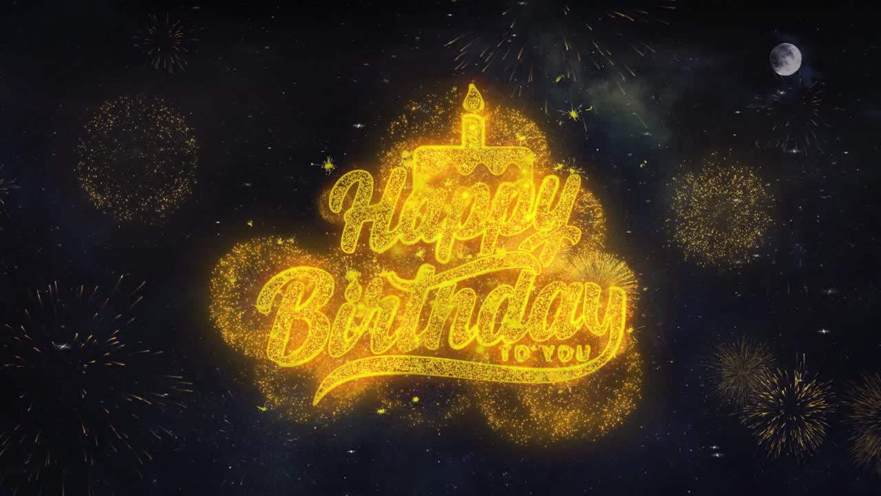 Happy birthday to you text typography reveal from golden firework crackers particles night sky 4k