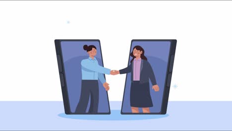 chicas jóvenes apretando la mano en la animación de teléfonos inteligentes