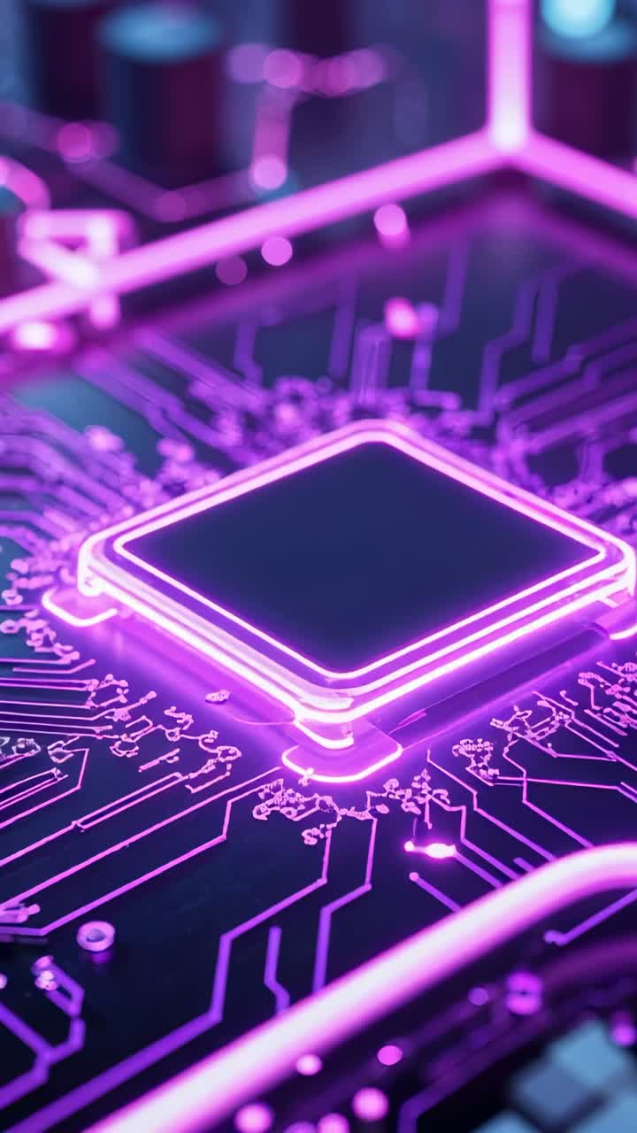 Vertical video: Starting self-test square microchip pulsing neon pink traces on dark circuit board