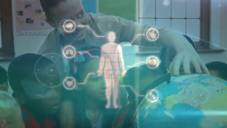 animation of human body with icons over diverse school children and female teacher with globe