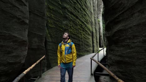 un hombre aislado mirando la altura de las rocas en las rocas adrspach y teplice