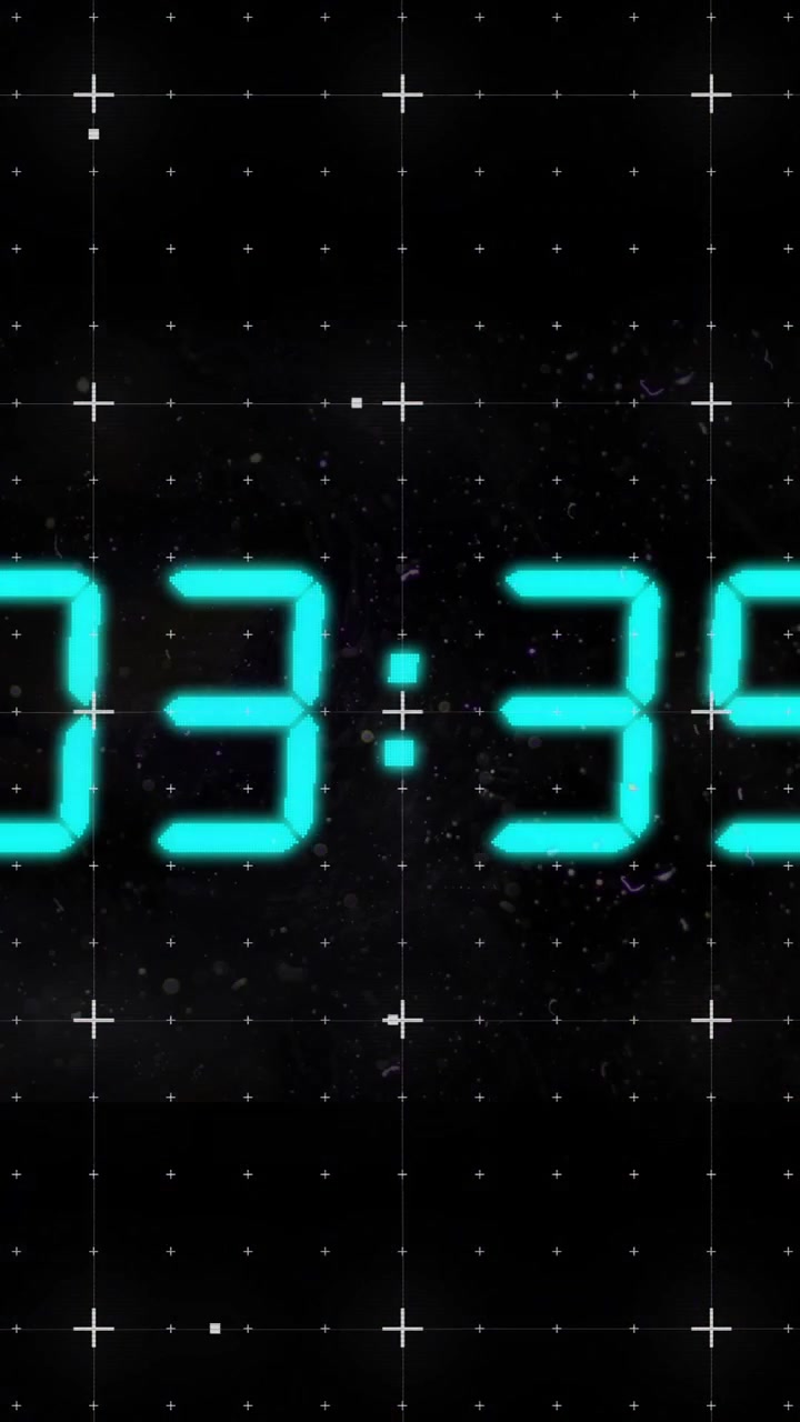 Animation of blue digital clock timer changing over grid on black background