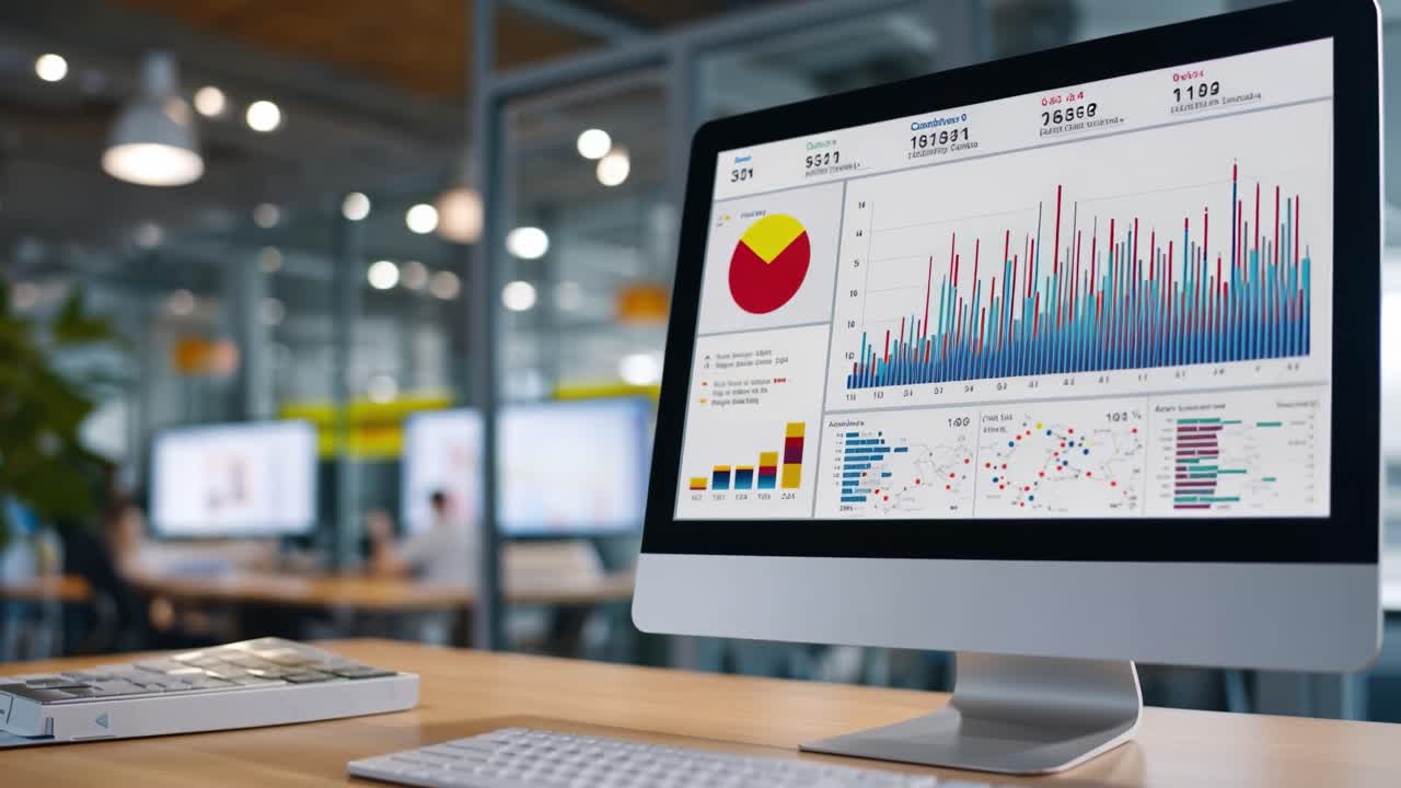 Data Analysis Dashboard on a Computer Screen: Visual Representation of Charts, Graphs, and Statistical Information in a Modern Office Environment