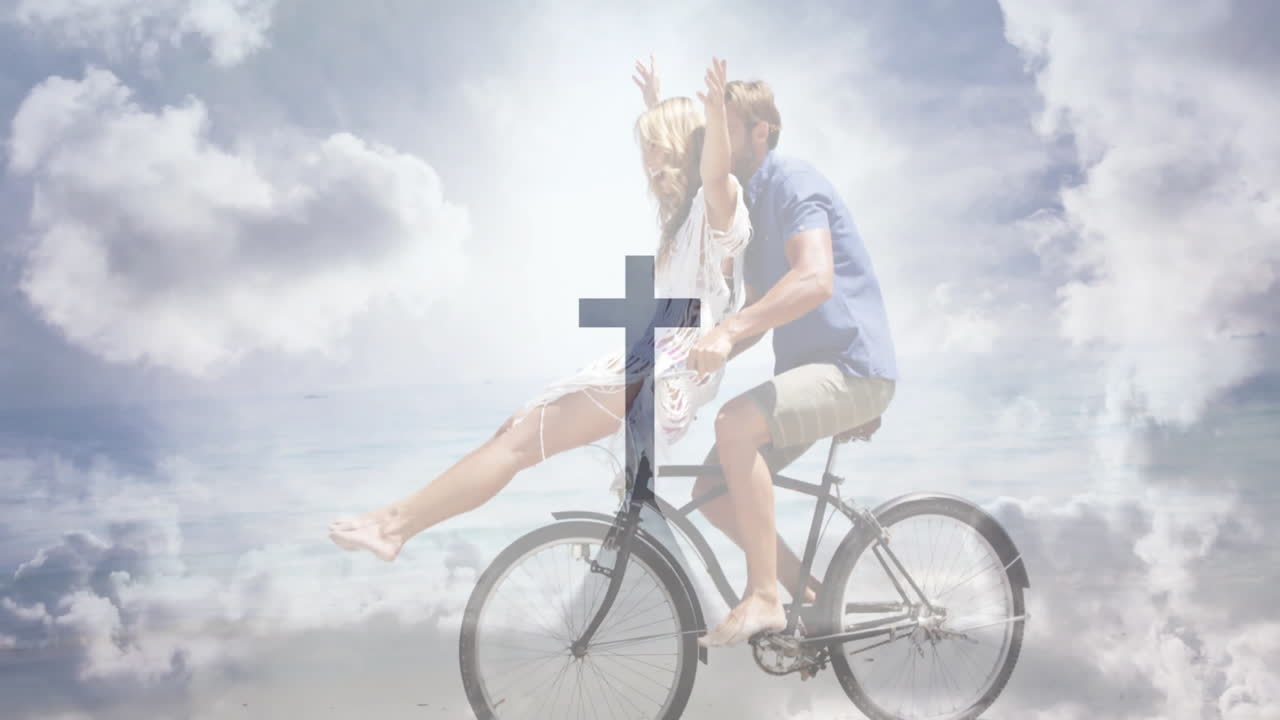 Riding bicycles, couple with cross symbol over cloudy sky background animation