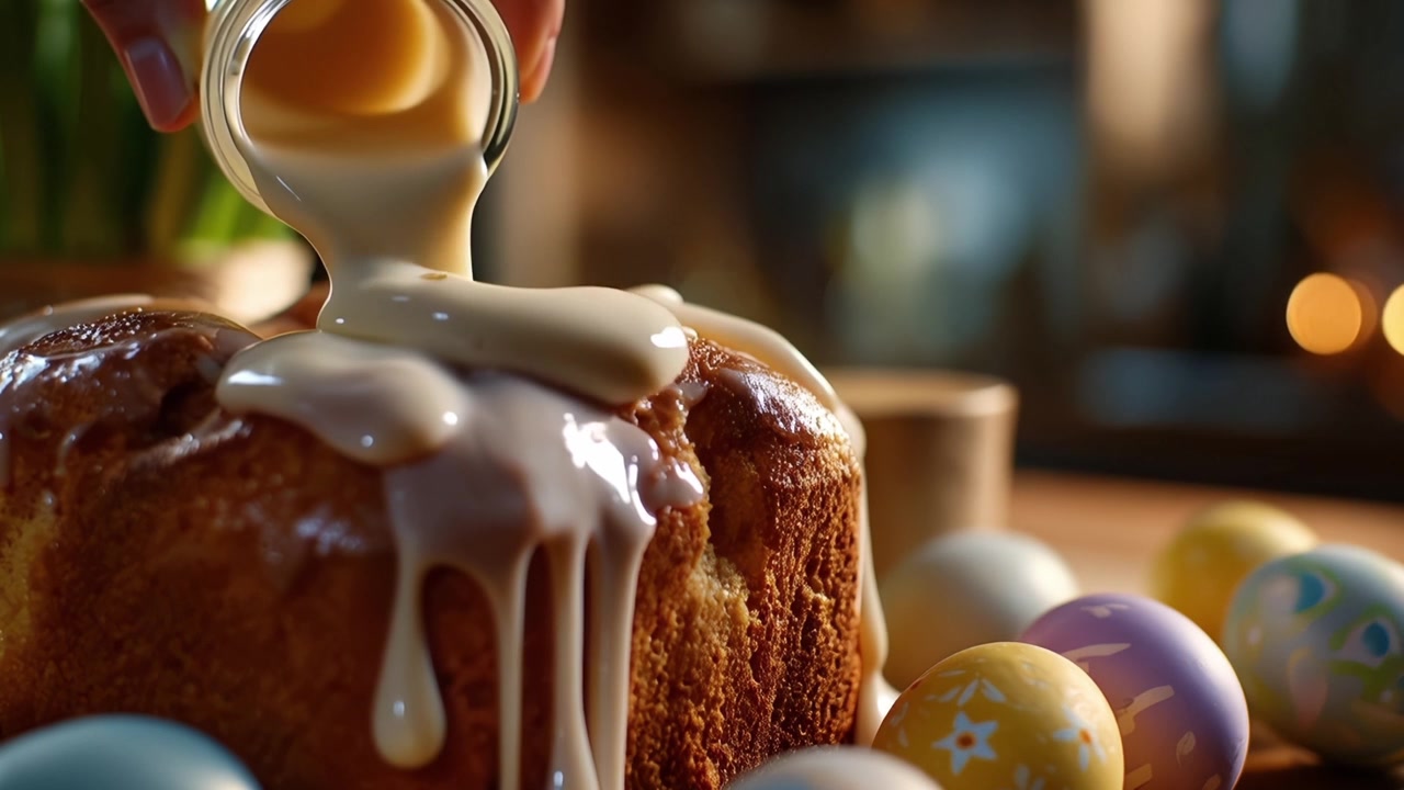 Primo piano di glassa versata su una torta di Pasqua tradizionale con uova.