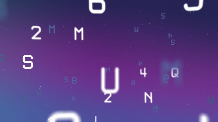 Changing numbers and alphabets floating against blue and purple gradient background