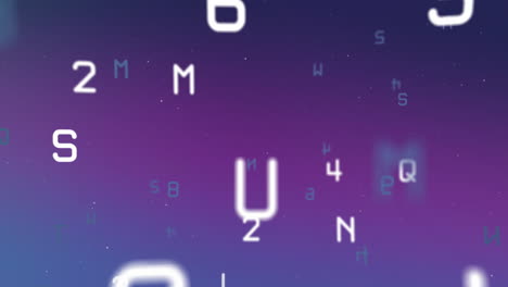 Changing numbers and alphabets floating against blue and purple gradient background