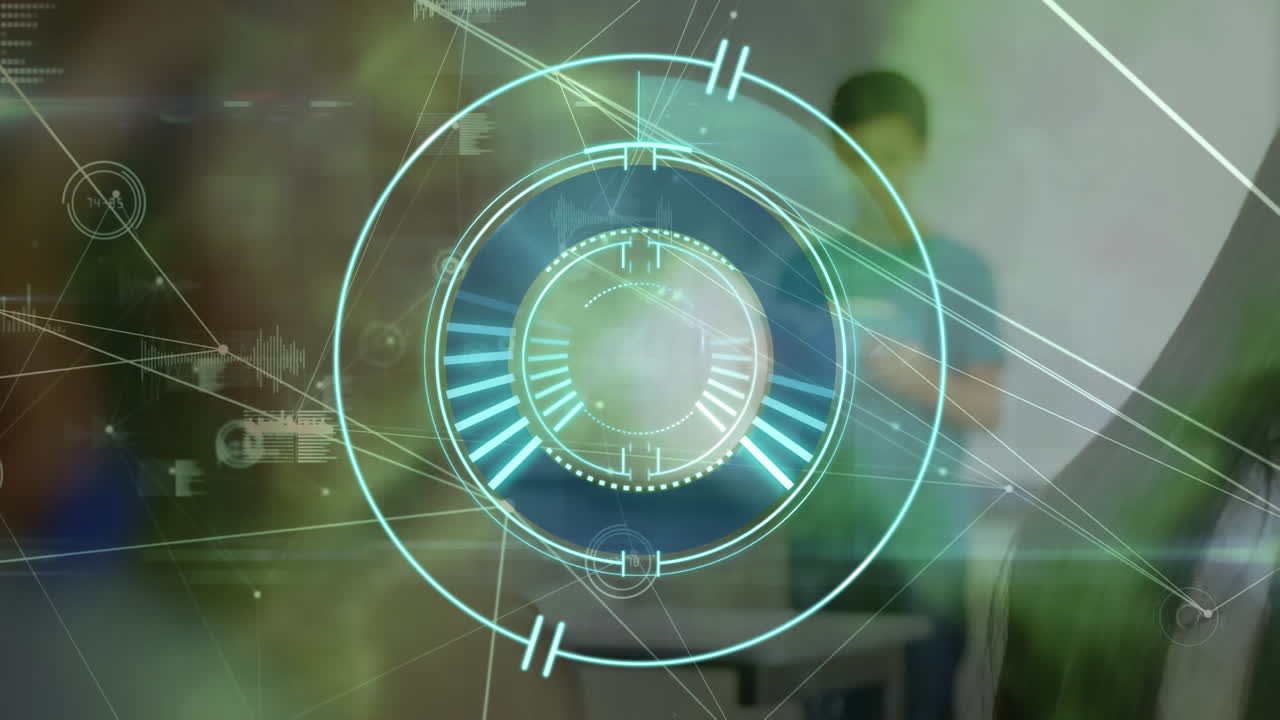 анимация сканирования объекта по сетям соединений с светящимися пятнами