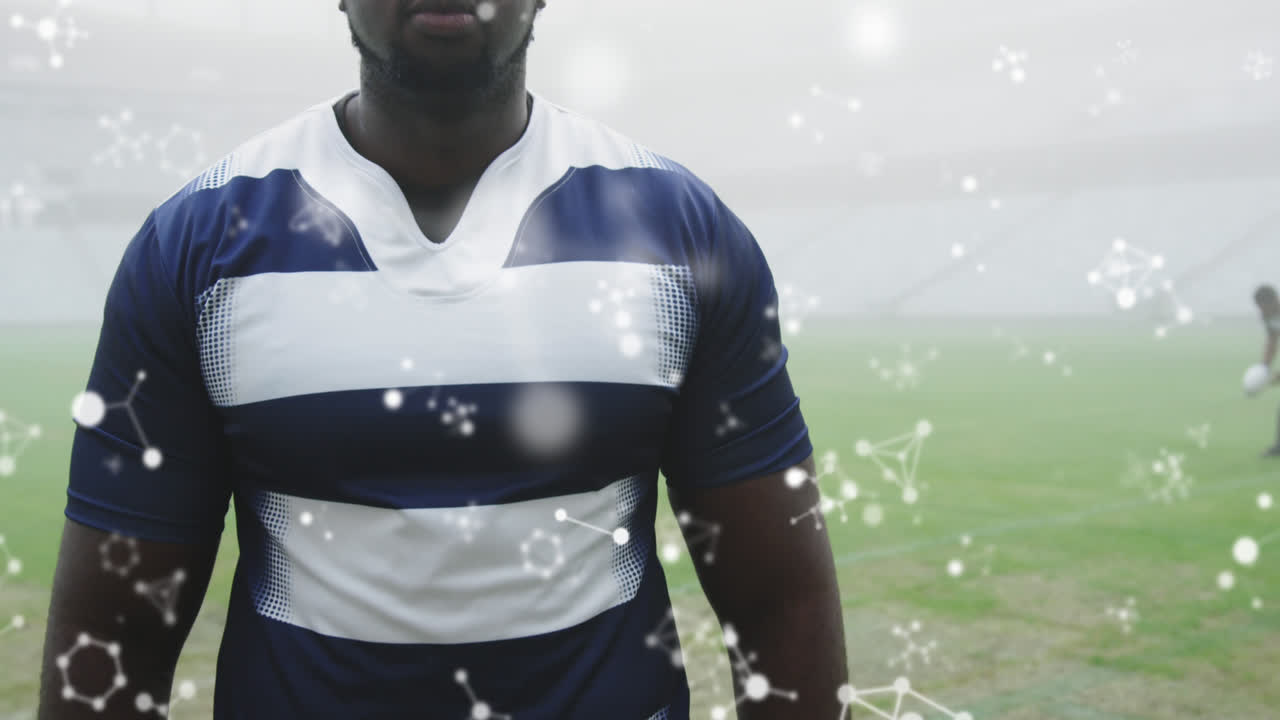 스타디움에서 남성 럭비 선수들에 대한 화학 구조의 애니메이션