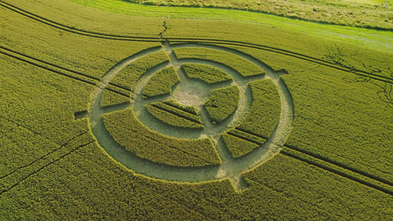 причудливый пшеничное поле мишень круг урожая дизайн в зеленой сельскохозяйственных угодий воздушный вид орбитальный правый хакпен холм