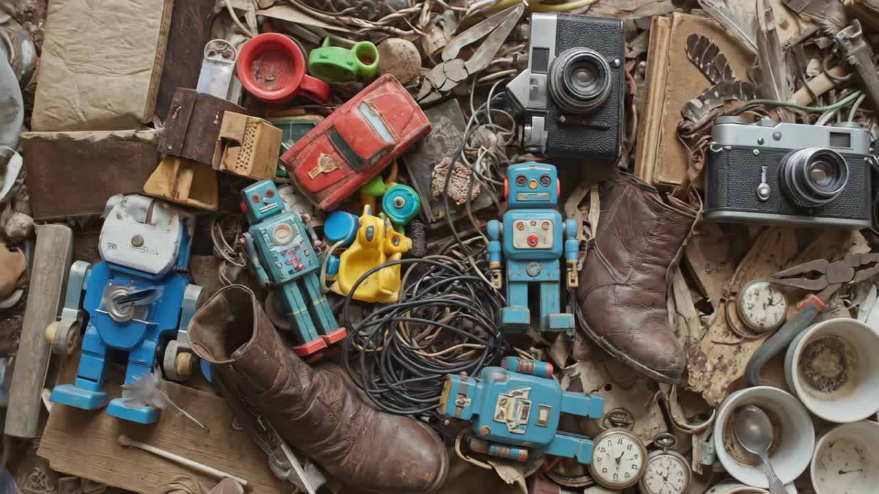 Panoramica su una composizione piatta di vecchie macchine fotografiche, giocattoli e oggetti d'antiquariato