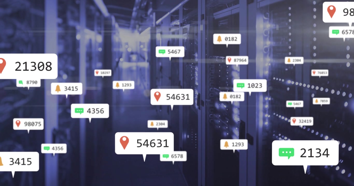 Pin icon label appearing before racks, labels multiplying then fading showing alerts in corridor