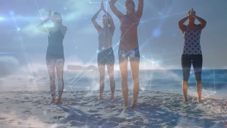 animation of data processing over group of female friends practicing yoga, meditating at the beach