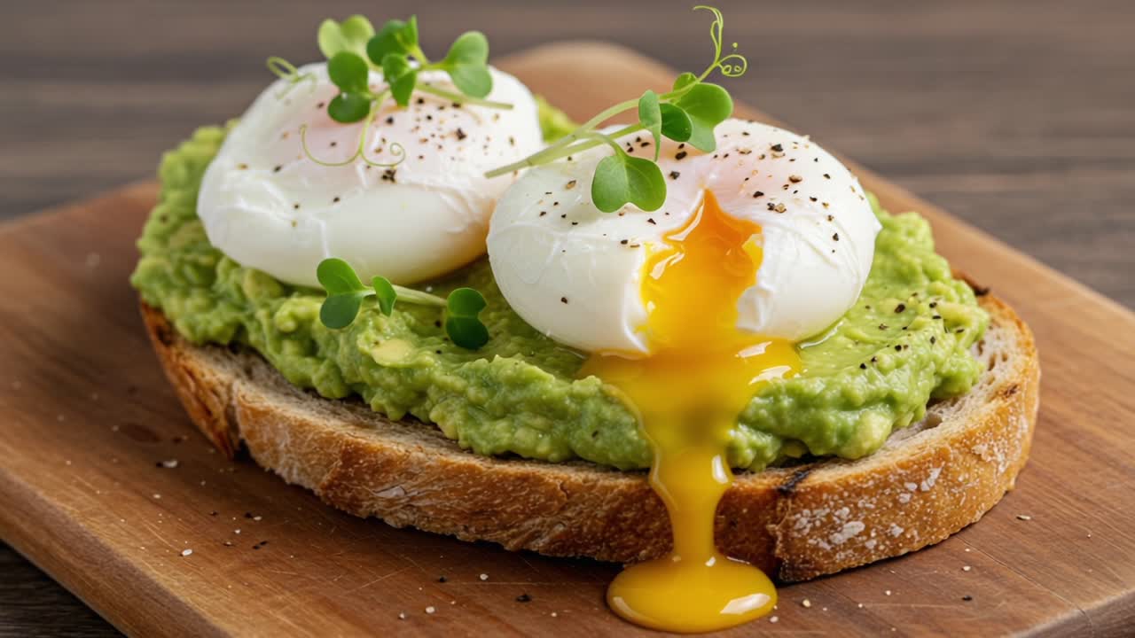 Deliciously Beautiful Poached Eggs with Creamy Avocado on Toast, Perfectly Presented on a Wooden Board - A Culinary Delight for Breakfast Lovers