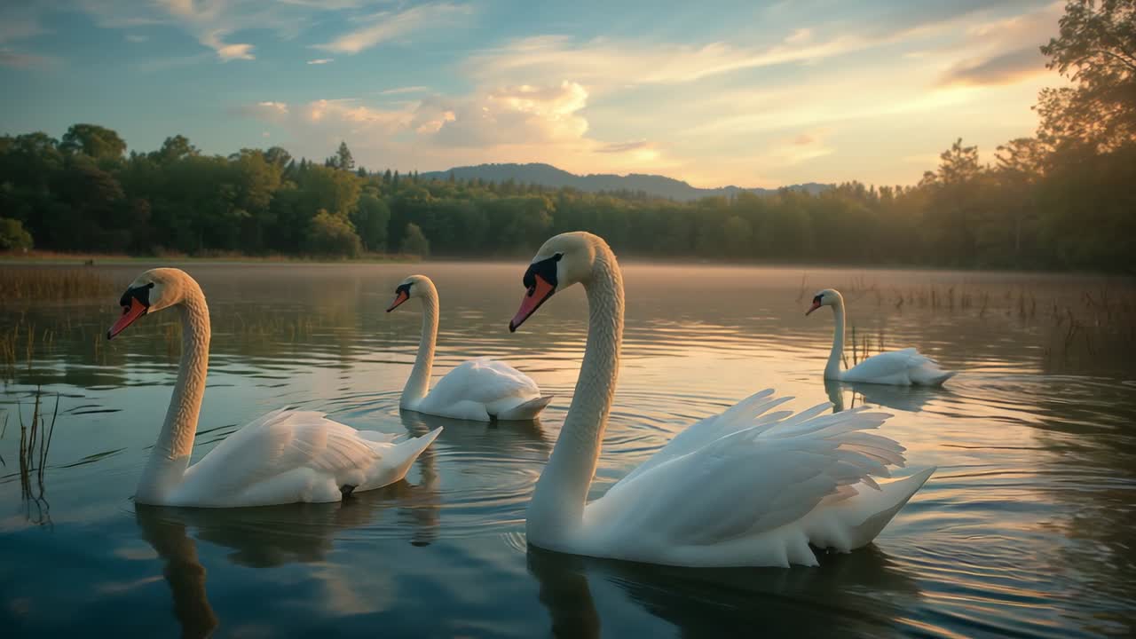 Sunrise sparking mute swans gliding across calm lake at golden hour, front swan foraging near reeds