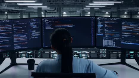 vista trasera de una desarrolladora asiática con dolor de espalda mientras escribe código con múltiples pantallas de computadora en un centro de datos